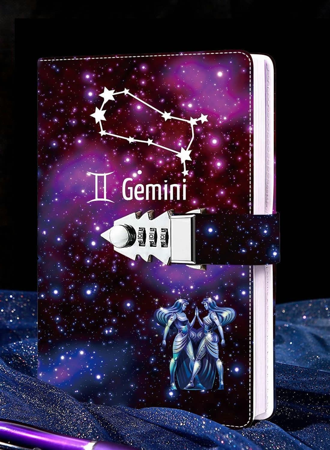 Diary With Lock, Gemini Starry Sky Refillable Password Noteook, Constellation Writing Notebook A5 for Girls Ladies Children constellation Gifts (8.5 x 5.9 inches)