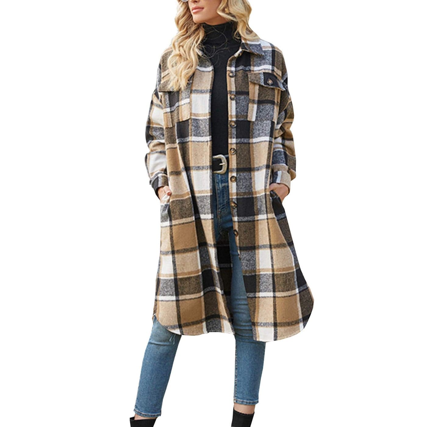 Ainangua Womens Casual Wool Blend Long Plaid Shirt Jacket Button Down Pocketed Shirt Shacket Khaki S