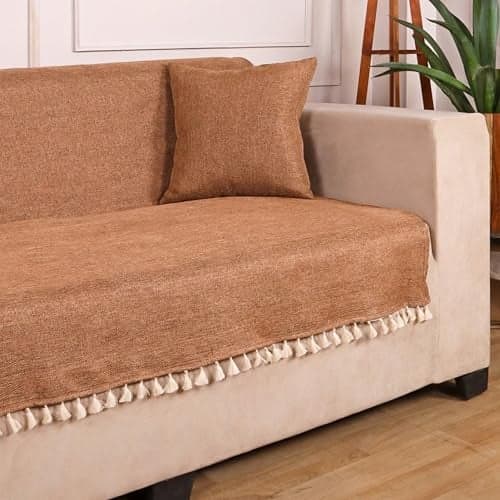 STITCHNEST Jute Sofa Cover – Brown, 70x60 Inch | Soft Textured Fabric with Tassel| Full Coverage Sofa for Living Room Décor