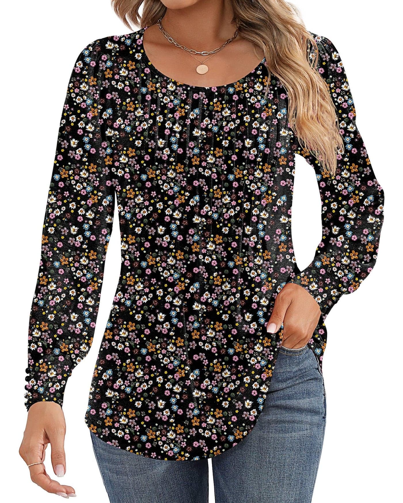 Ficerd Womens Puff Long Sleeve Tunic Tops Pleated Crew Neck Blouses Dressy Casual Loose Fit Fall and Winter ShirtsLargeBlack Flower