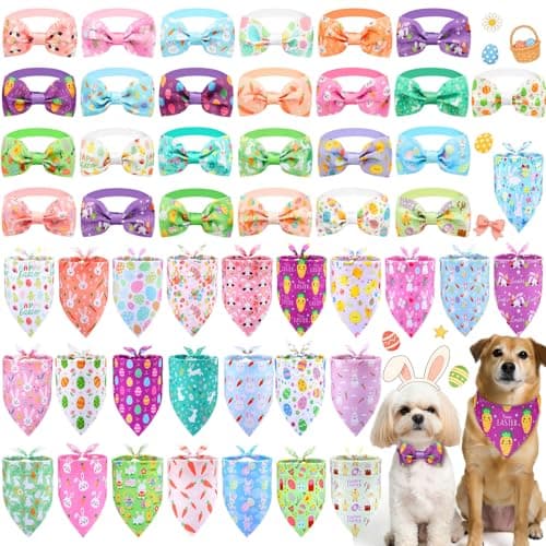 Sanwuta 50 Pcs Easter Dog Bandanas and Collar Bow Ties Set 25 Bandanas Bulk 25 Charm Dog Collar Pet Triangle Pet Scarf Bowtie for Small Medium LargeEaster