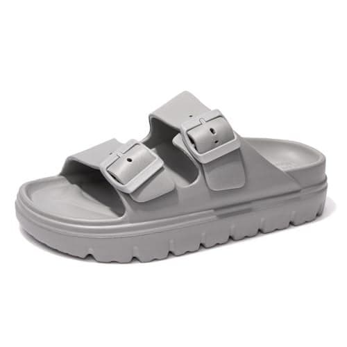FUNKYMONKEY EVA Slides for Women Thick-sole Adjustable Double Buckle Waterproof Platform Sandals (6 M US, Grey/HDSPK)