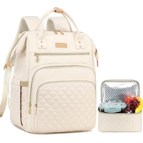 Lunch Backpack, 15.6 inch Laptop Backpack with Insulated Lunch Bag, Backpack Cooler for Women, Large Travel Backpack Lunch Box Compartment, Work Computer Backpack, Teacher College Book Bag, Beige