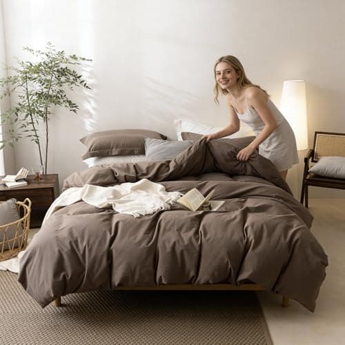 BDEAR 3 Pieces Light Chocolate Brown Duvet Cover Set Super Queen Size 98'' L x 90'' W, 100% Washed Cotton Duvet Cover with Zipper Closure Plus 2 Pillowcases, Oeko TEX Standard Certificated