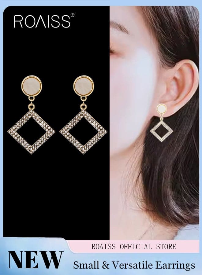 Women Gold Tone Square Dangle Earrings, Elegant Geometric Drop Earrings with Mother of Pearl Inlay, Sparkly Hollow Rhombus Drop Earrings, Fashion Statement Jewelry for Party Wedding Evening Events, Modern Opalescent Top & Rhinestone Border Dangle Earrings for Office Work Daily Wear