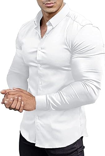 EOUOSS Men’s Muscle Fit Dress Shirts Athletic Slim Fit Long Sleeve Stretch Casual Button Down Shirt White 3X-Large