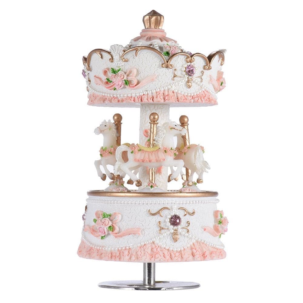 Carousel Music Boxes for Girls 3Horse Rotating Windup Melody Castle in The Sky Color Change LED Lights Musical Gift for Daughter Birthday Christmas Festival Music Box Artware Pink