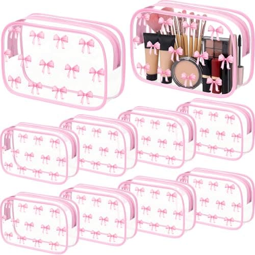 Sunnymove 10 Pcs Pink Bow Clear Makeup Bag Coquette Cosmetic Bags PVC Travel Toiletry Preppy Portable Gift Transparent Pouch with Zipper Portable Makeup Organizer Pouch for Essentials