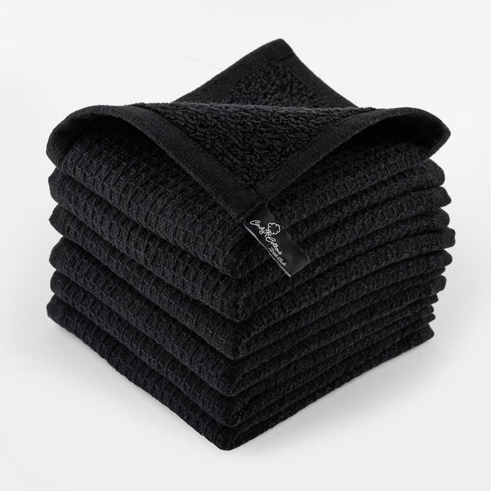 Kitchen Cleaning Dish Wash Cloths Waffle Terry Design Kitchen DishClothsWashable 12x12 Cotton Dish Rags for Drying DishesCounter Top Barista Dust WipesSpring Easter Basket Decor 6 Pc SetBlack