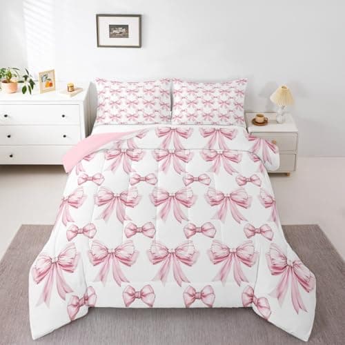 Erosebridal Pink Bow Twin Comforter Set for Girls - Cute Pink Bows Bedding Sets for Kids Teen, Preppy Bow Tie Bowknot Bed Set, Princess Ribbons Aesthetic Room Decor with 1 Pillowcase