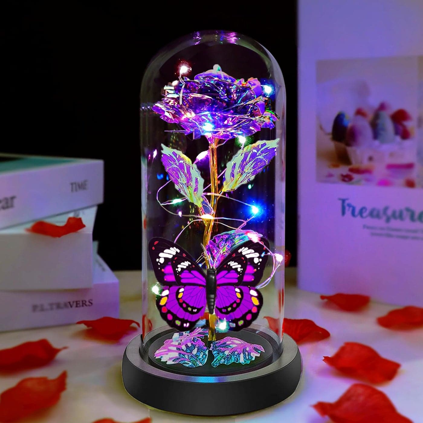 Gifts for Women Birthday Gifts for Women Purple Flowers Galaxy Crystal Light Up Rose in Glass Dome Christmas Rose Gifts for Her Mom Mother Sister Wife Grandma Butterfly Presents