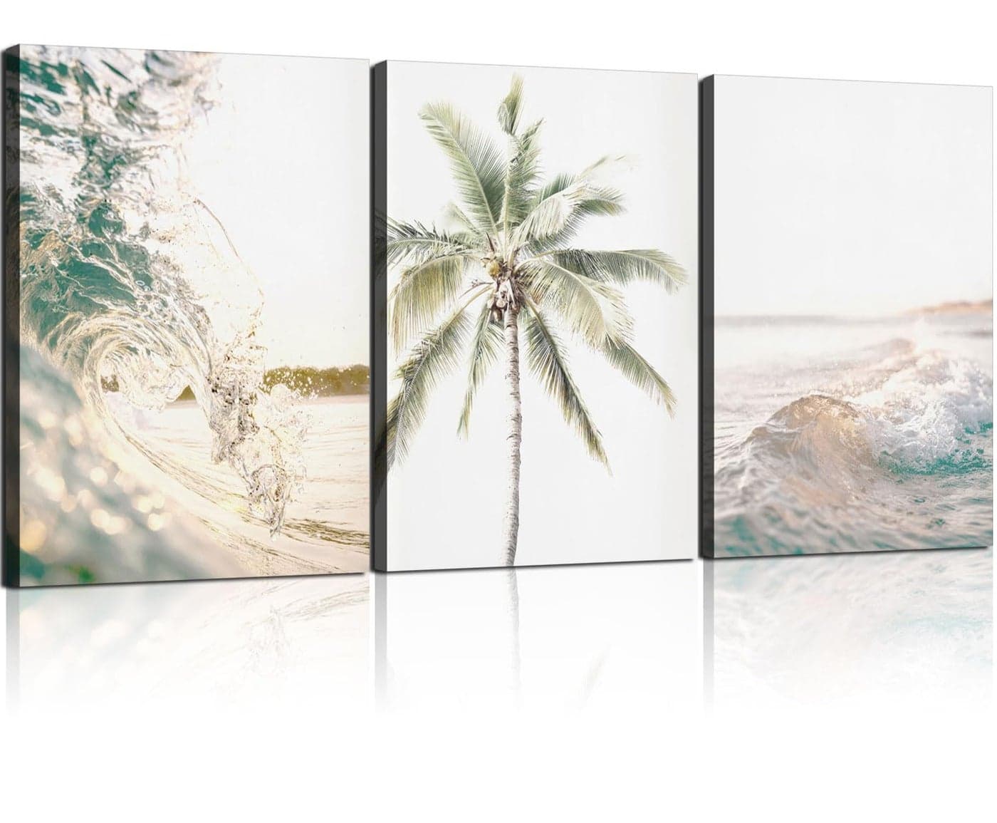 3pcs Framed Beach Ocean Waves and Palm Trees Coastal Seascape Wall Art Decor Canvas Print Picture Poster Gallery Bedroom Living Room Studio 12x16 inches Ready to Hang