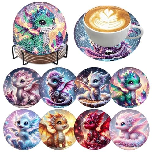 Xylogist 8 PCS Diamond Art Coasters for Adults with Holder DIY Dragon Diamond Painting Coasters Kit for Beginners Non Slip Coaster Art Supplies Ideal Gift 4 4 in