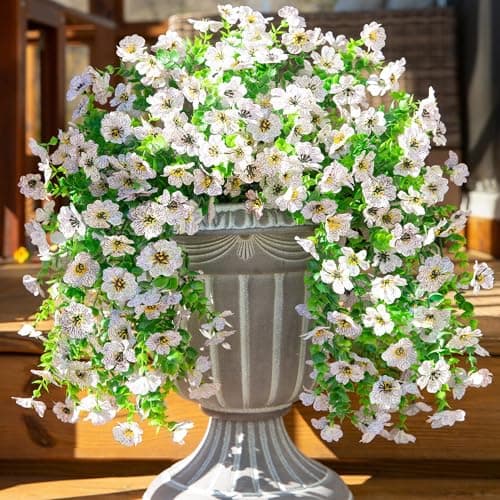 INSPRING Artificial Faux Outdoor Outside Flowers Plants 2 PCS Fake Silk UV Resistant Look Real White Daisy Trailing Vines for Front Door Porch Planter Urn Patio Balcony Decoration