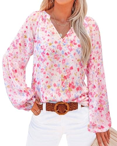 BTFBM Blouses for Women Dressy Casual Floral Boho Tops Trendy V Neck Lightweight Long Sleeve Shirts Fall Clothes 2025(Floral Red, Medium)