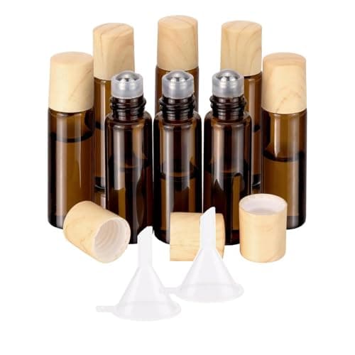Newzoll 8pcs 5mL Amber Glass Roller Bottles for Essential Oils & Perfume, 1/6 oz Leak Proof Empty Eye Roll On Vials with Rollerball Applicator, 2 Funnels, Travel Mini Refillable DIY Containers