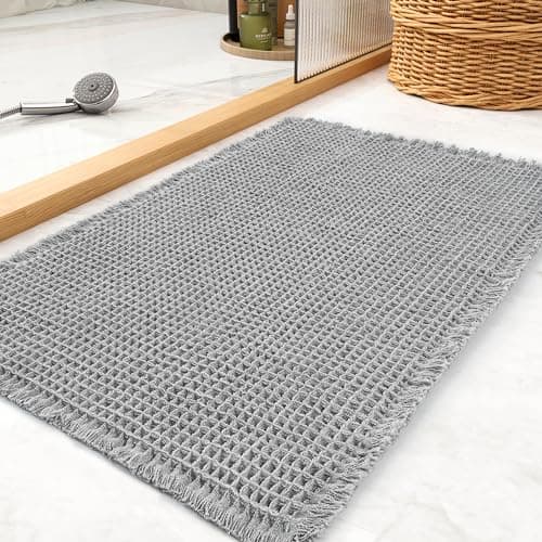 tchdio Waffle Bath Mat Rug Super Absorbent Non Slip Bath Mats for Bathroom Mat Ultra Soft Bathmat Machine Washable Bathroom Rugs with Tassels Bath Rugs Beside Tub 17 x 24 Light Grey