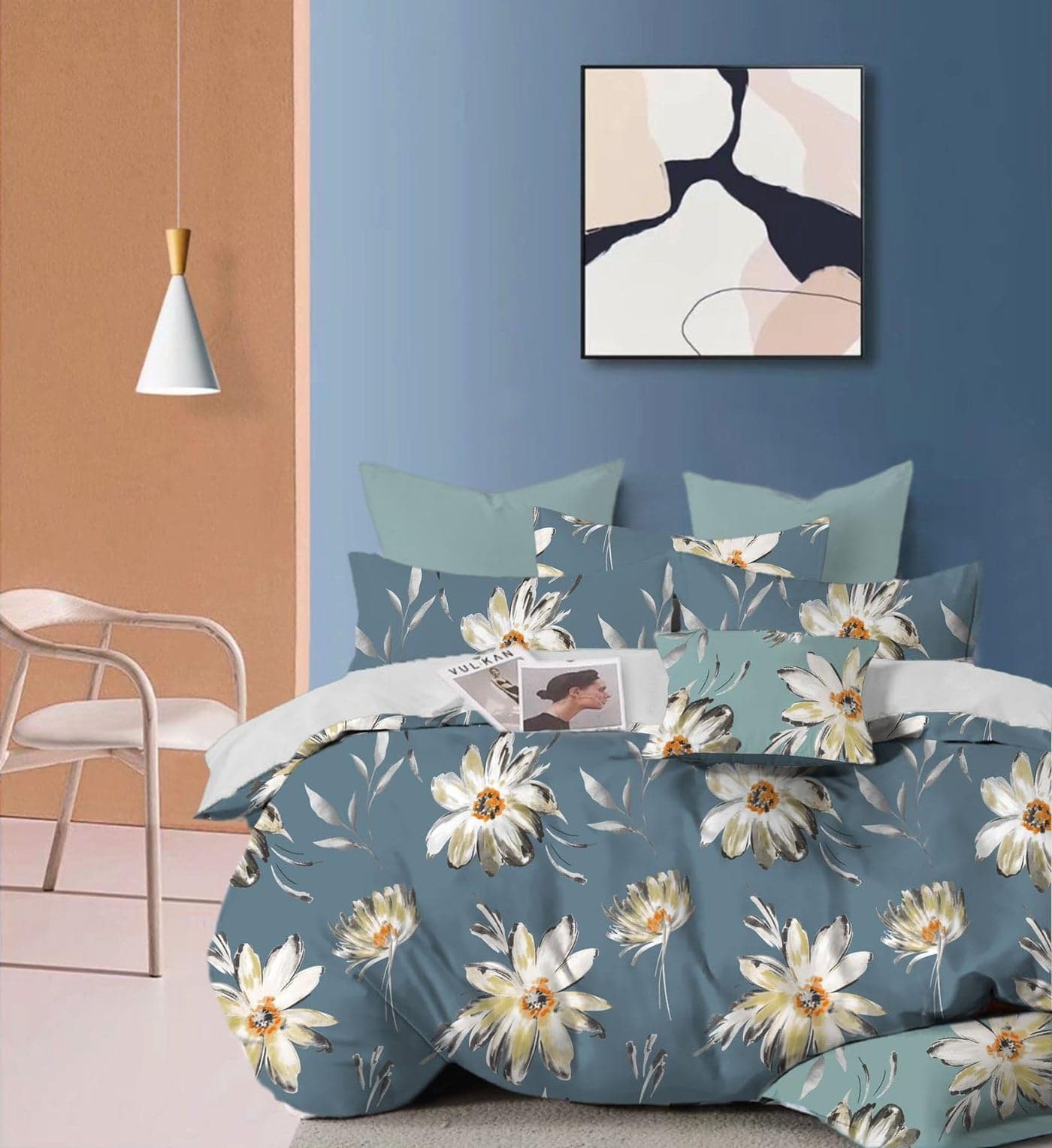 DECOMIZER 300 TC Cotton Feel Glace Cotton Elastic Fitted Printed King Size Double Bed Bedsheet with 2 Pillow Coverm Fits Upto 8 inches Mattress, Size- 72x78x10 Inches, Blue Marigold