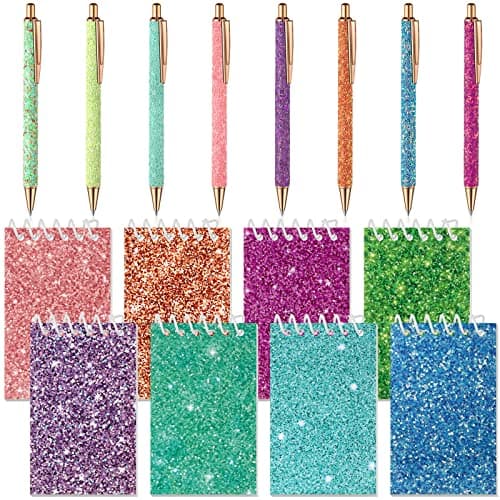 Sherr 16 Pcs Glitter Pens and Notebooks Set Mini Spiral Notepads Fancy Pens for Kids Girls Women Sparkly Sequins Journaling Ballpoint Christmas Birthday Gift Classroom RewardsClassic Color