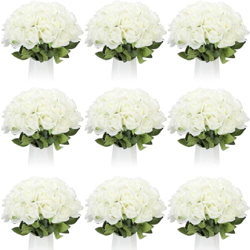 Jexine 100 Pieces Artificial Roses Flowers Bulk, Long Stem Realistic Fake Silk Roses Bouquet for Table Centerpiece Vases Wedding Party Kitchen Decor(Creamy White)