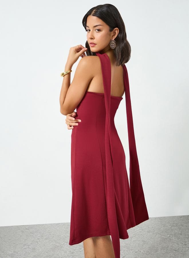 Red Bandeau Knee Length Dress with Neck Scarf — M