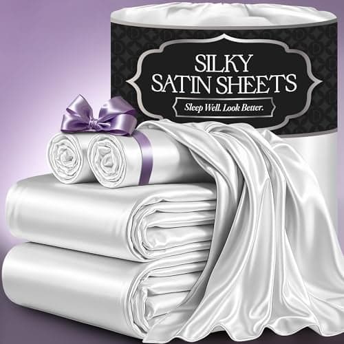 DECOLURE Satin Bed Sheets - 4 Piece Luxury Silky Full Size Bedding Set - Softer Than Silk, Wrinkle-Free with 15” Deep Pocket Fitted Sheet, Perfect for Hair & Skin, Gifts for Women (White)