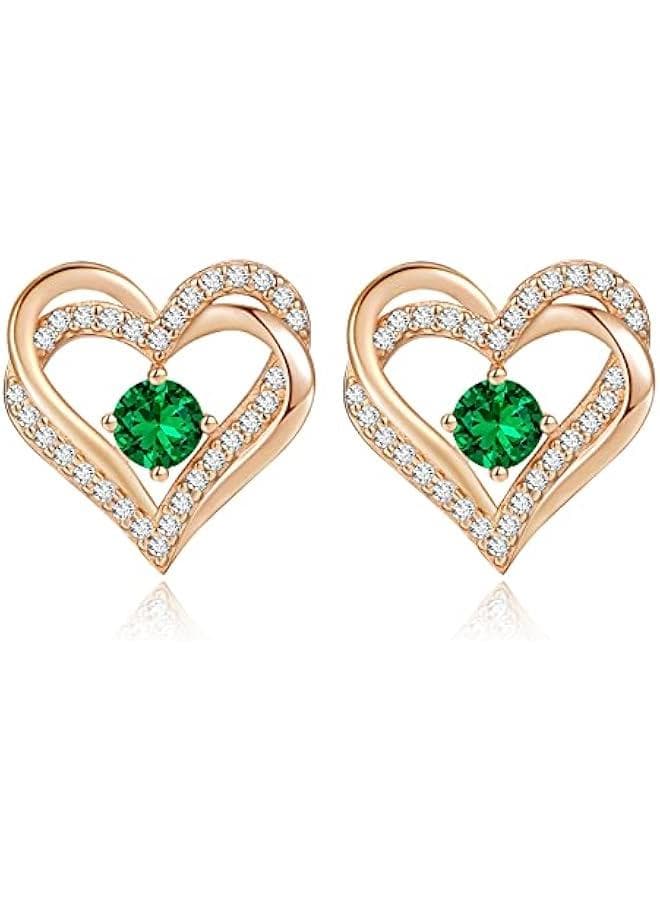 Forever Love Heart Stud Earrings for Women, 925 Sterling Silver Birthstone Heart Stud Earrings Mother's Day Gift Anniversary Birthday Jewelry Gifts for Women Wife Her