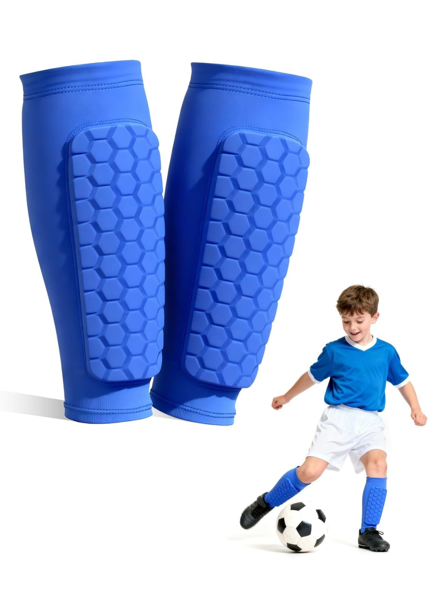 1 Pair Football Shin Guards, Breathable Honeycomb Pads, Lightweight Impact Protection, Non-Slip Calf Compression Sleeves for Boys and Girls, Football Rugby Basketball Sports (S Blue)