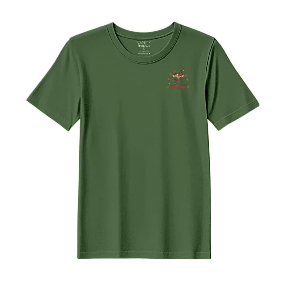 Threads Medium Forest ELF Green Polycotton T-Shirt - Christmas "Cute Reindeer Merry Christmas" Embroidered Design, Premium Holiday Collection