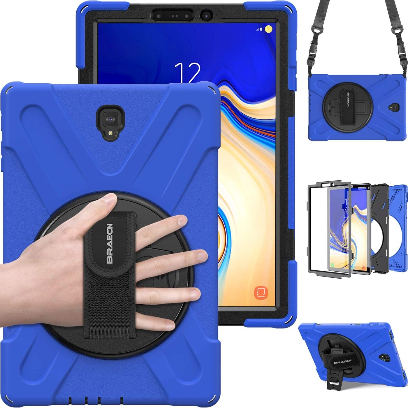 BRAECN for Galaxy Tab S4 105 2018 CaseThree Layer Heavy Duty DropProof Protective Silicone Case with KickstandHand GripCarrying Strap for Samsung Tab S4 105 Inch T830T835T837 2018 Blue