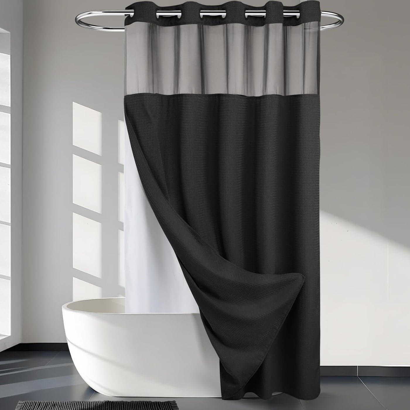 Heavyweight No Hooks Required Dotted Waffle Weave Shower Curtain with Snap in Liner Extra Long 71W x 86HHotel GradeSpa Like Bath CurtainBlack