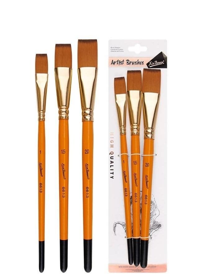 3-Piece Short Handle Nylon Brush Set – Flat Brushes for Watercolor, Acrylic, and Oil Painting