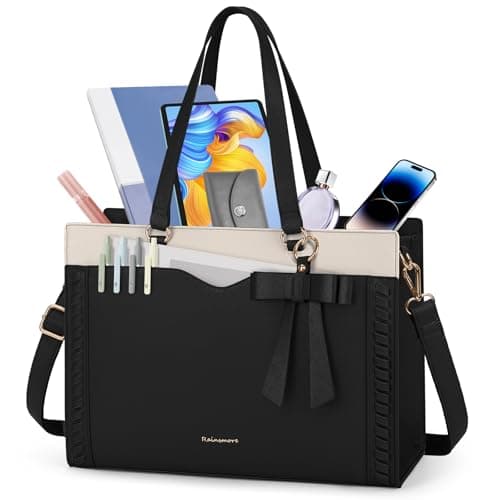 RAINSMORE Laptop Bag for Women 15.6 Inch Work Tote Bag with Detachable Strap & Bow Leather Professional Laptop Tote with Cup Holder, Office Business Briefcase Large Handbag,Black-White