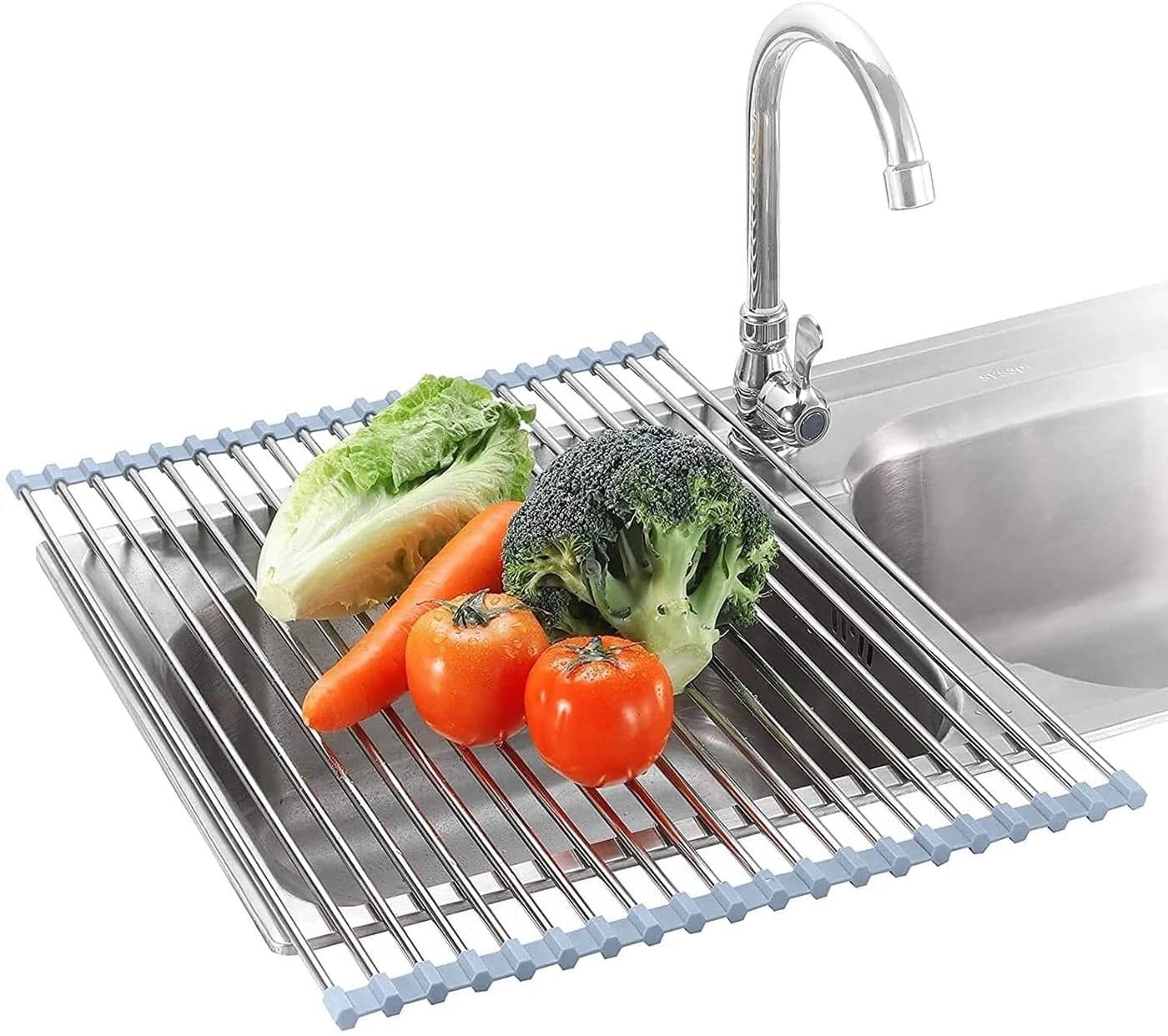 CLEMATIS Foldable Dish Drying Rack, Roll-up Dish Rack, Multi-Use Silicone Stainless Steel Dish Racks, Drainers Mat for Drying Kitchen Dishes, Cups, Fruits, Vegetable