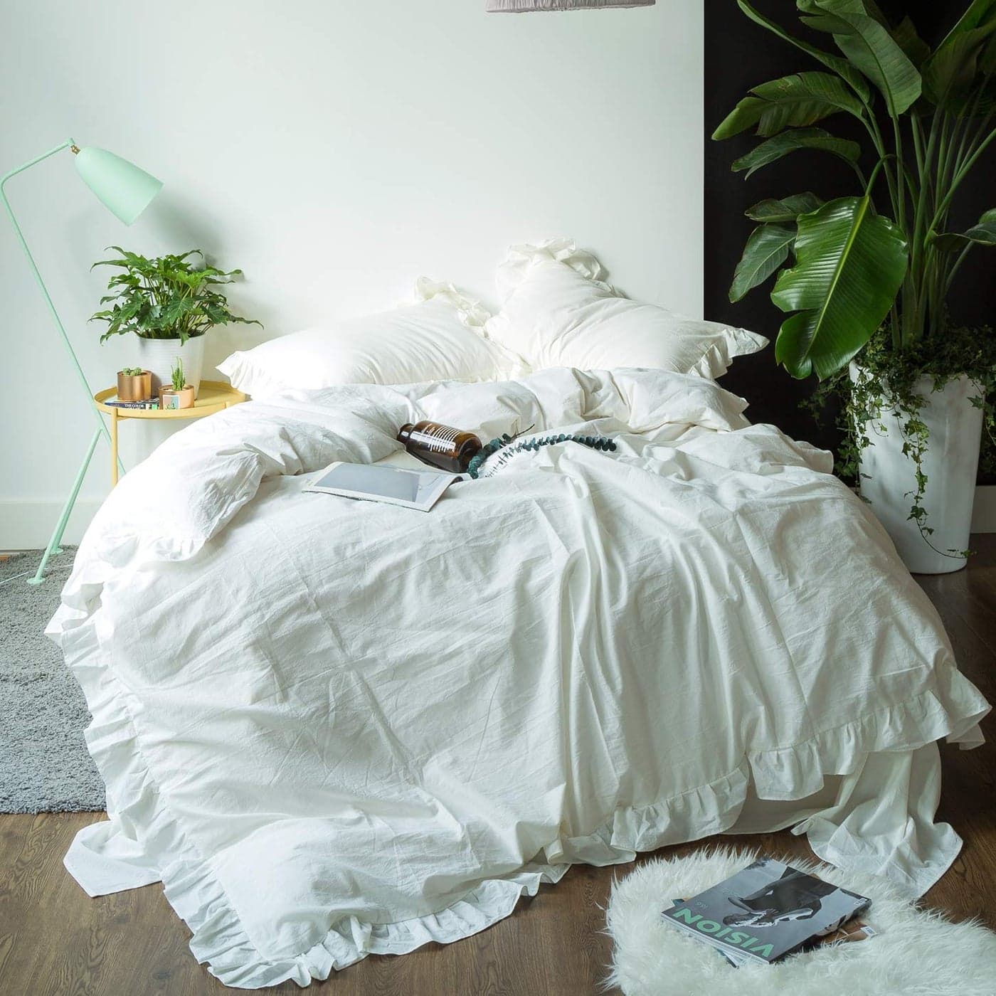 SUSYBAO White Vintage Ruffle Duvet Cover Queen 100 Washed Cotton White Farmhouse Duvet Cover Set 3 Pieces 1 White Lace Duvet Cover with Zipper Ties 2 Pillow Shams Luxury Soft Shabby Chic Bedding Set