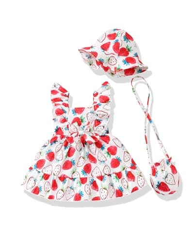 Renotemy Baby Girl Dresses Summer Outfits Newborn Infant Boho Strawberry Dress Baby Girls Casual Sundress with Hat and Bag Preemie Party Beach Dress Newborn Girl Clothes 0-3 Months