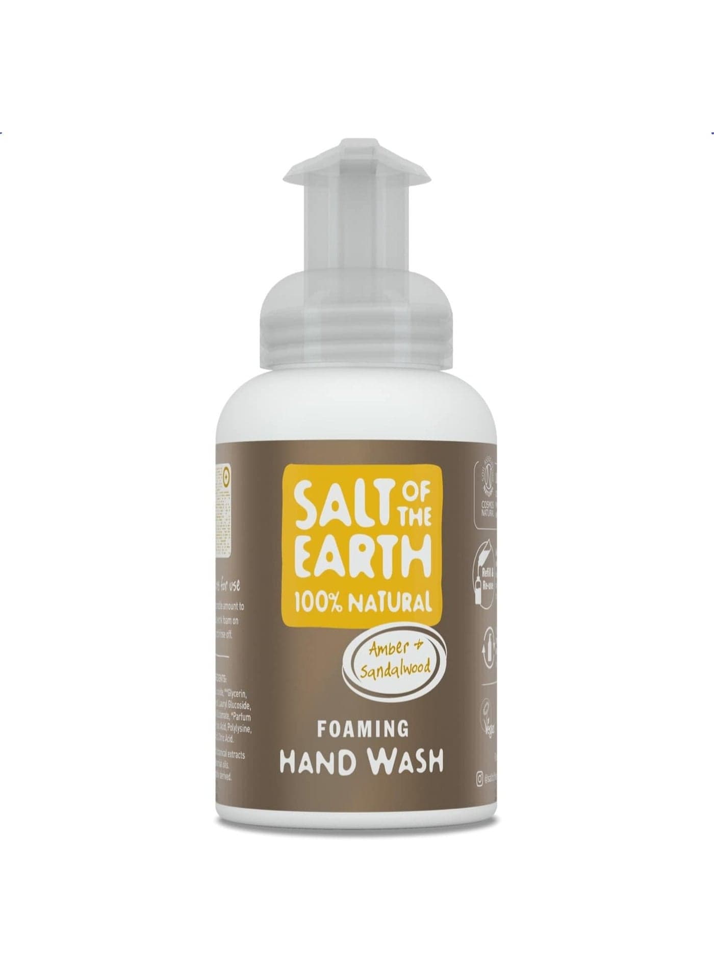 100% Natural Foaming Hand Wash by Salt Of the Earth, Amber & Sandalwood - Vegan, Instant Foaming, Refillable, Leaping Bunny Approved, Made in The UK - 250ml