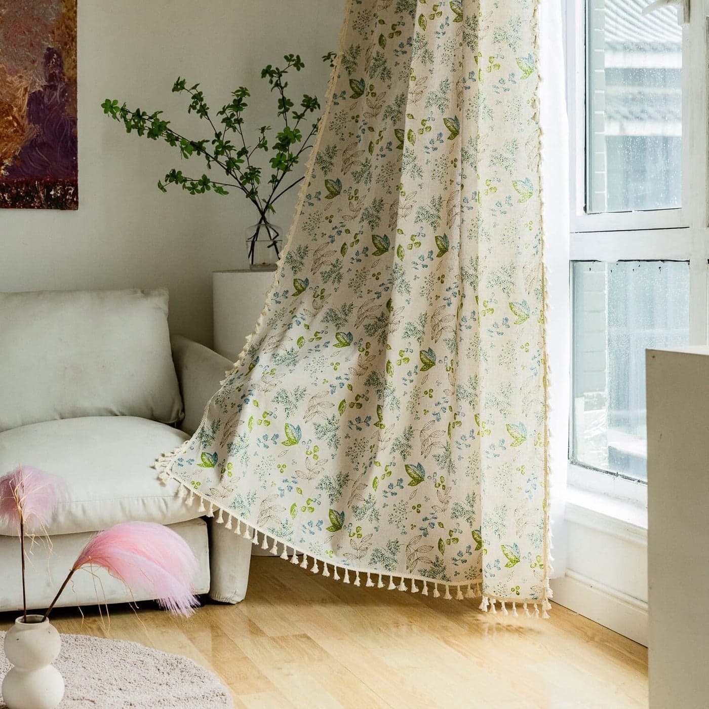HUESLAND Cotton Curtains 7 feet Long for Door 1 Bohemian Eyelet Curtain Door 7 x 4 ft Green Leaf Floral