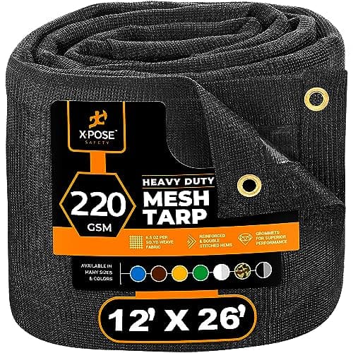 Xpose Safety Heavy Duty Mesh Tarp 12 x 26 Multipurpose Black Protective Cover with Air Flow Use for Tie Downs Shade Fences Canopies Dump Trucks Tear Resistant