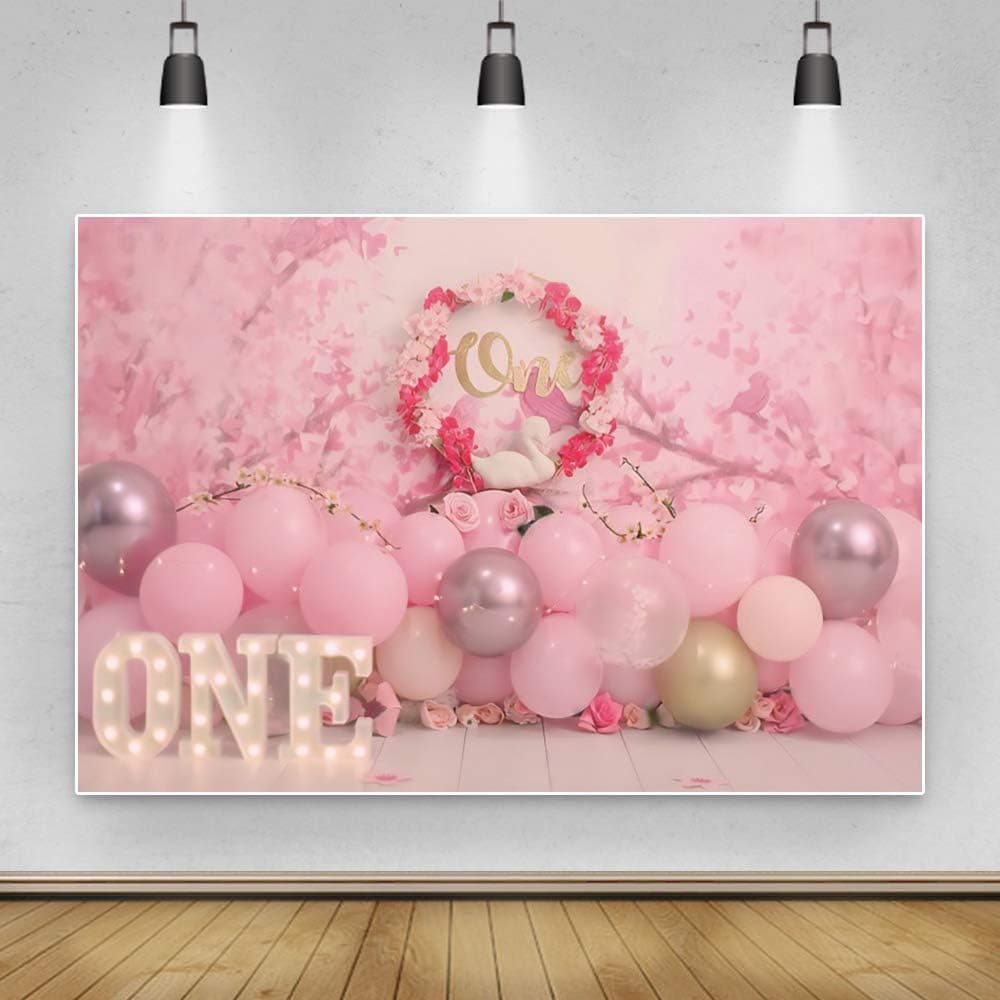 Laeacco 5x3ft Dreamy Pink One Year Old Birthday Backdrop Sweet Baby Girl 1st Bday Background Floral Balloon Swan First Birthday Party Polyester Photo Decor Cherry Blossom Newborn Baby Spring Shooting