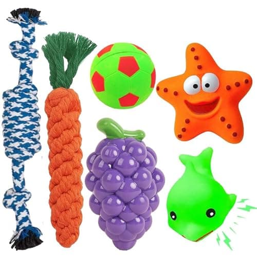 PAWISE Dog Combo Chew Toy l Dog Carrot Rope Toy l Puppy Squeaky Toy l Dog Ball Toy l Non-Toxic Dog Toy l Dog Cotton Rope Toy for Small & Medium Breed Dogs, Puppy (Pack of 6) (Combo 21)