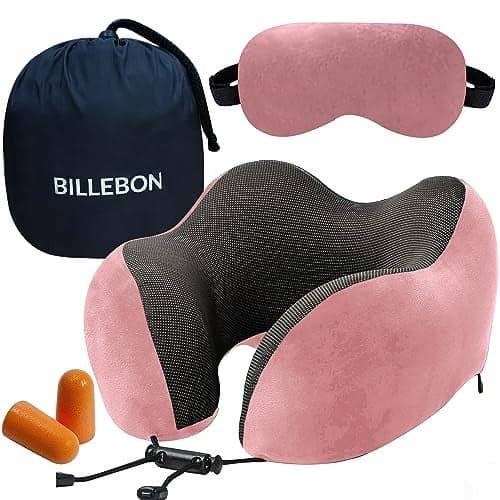 Billebon Premium Memory Foam Travel Neck Pillow Combo with Soft Eye Mask, Carry Bag, and Ear Plugs (Pink with Eye Mask)