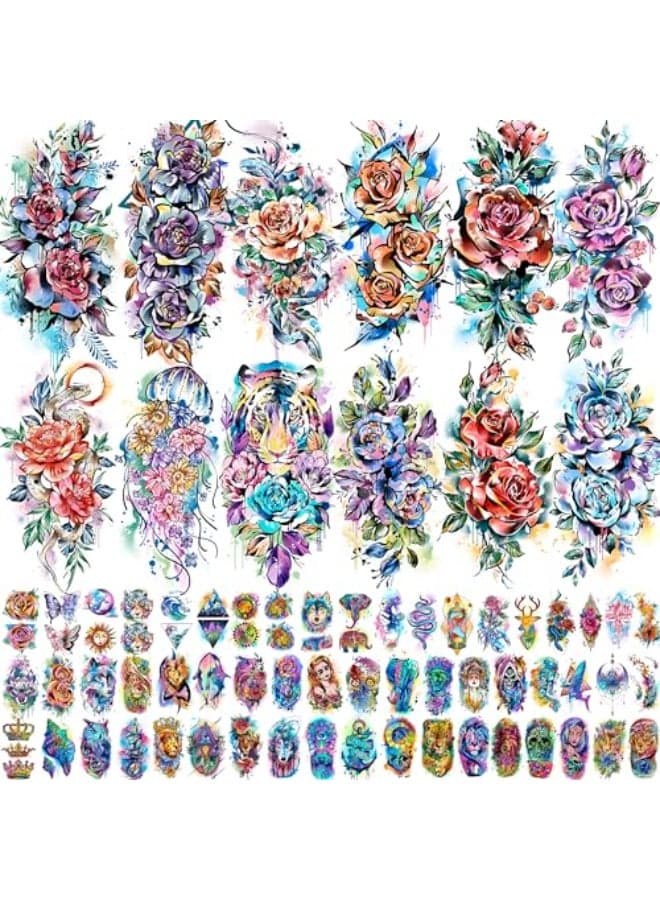 COKTAK 67 Sheets Watercolor Rose Flower Temporary Tattoos For Women Girls 12 Sheets Colorful Arm Sleeve Tattoos For Adults Floral Snake Tiger 53 Sheets Groovy Small Semi Permanent Fake Tattoos Kids