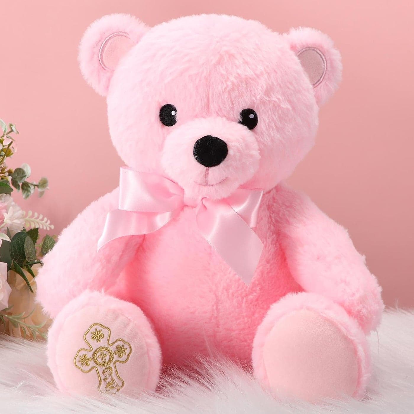 Syhood 12 Inch Baptism Gift Plush Bear Cute Soft Stuffed Animal Bear with Bow and Embroidered Catholic Prayer Christening Gifts for Boy Girl Baptisms Baby Showers Birthday Party Keepsake FavorPink