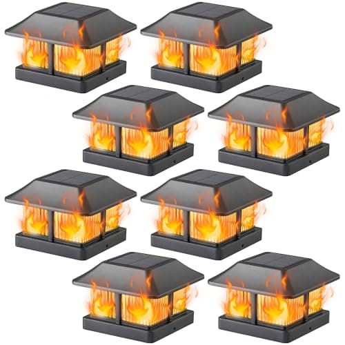 Dynaming Solar Flame Post Cap Lights Outdoor Solar Powered Fence Post Light Flickering Flame LED Lantern Lamps Waterproof for Garden Deck Patio Fit 4x4 WoodenVinyl Posts 8 Pack