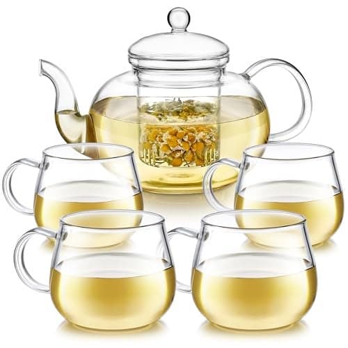 Teabloom Heatproof Glass Teapot Set with Removable Loose Tea Infuser (Standard Size: 32oz/946ml) and Four Borosilicate Glass Teacups (7oz/207ml) - Lead-free Complete Tea Set