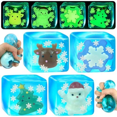 4 Pack Blue Squeeze Cube with Luminous Christmas Elements InsideSquishy Stress Fidget Gummy Toys Glow in The Dark Maltose Sensory Toys for Kids Autism Stress Balls for Anxiety Stress Relief