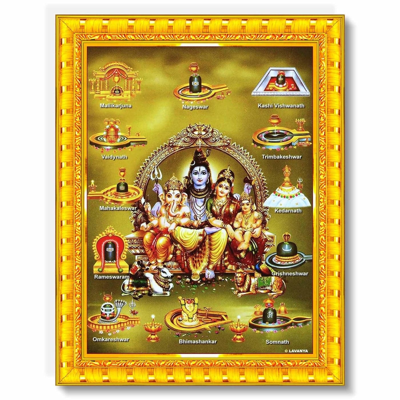 Pavan Photo Laminations Shiv Parivar Family Siva Parvati Jyotirling Wall Painting Framed Home Decor WoodMatteGoldSmall Size6 x 8 Inch R143S