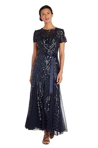 R&M Richards Women's Sequin Embellished Dress W/Flowing Panel Skirt - Short Sleeve Gown for Special Occasions Navy