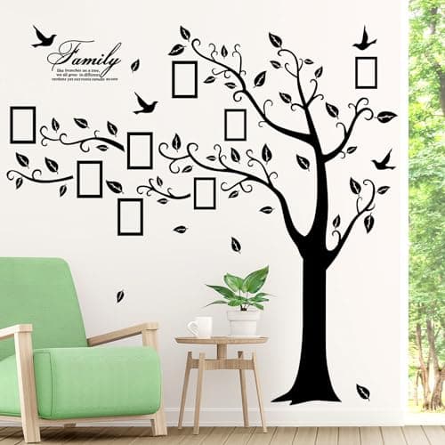 Large Family Photo Tree Wall Sticker 3D Peel and Stick Vinyl Photo Frame Tree Wall Decals Removable Quotes Leaf and Birds Wall Decor for Home Kids Bedroom Living Room Classroom Nursery Left Black